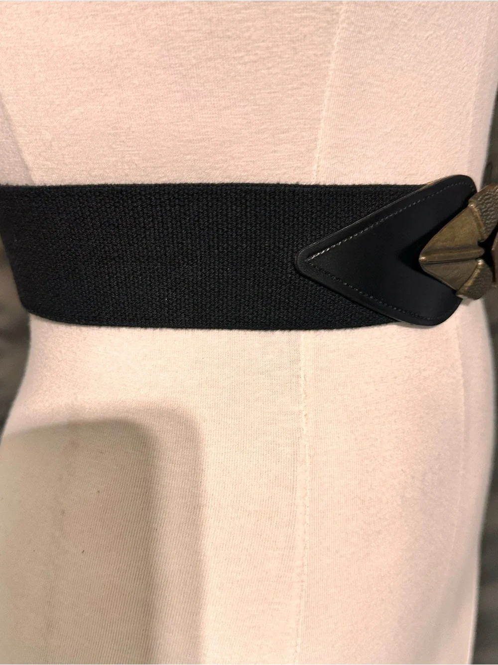 Women's Black Elastic Waist Belt with Antique Gold Geometric Buckle